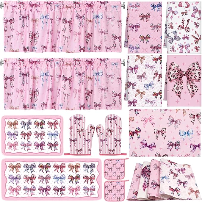 Fourluoo 16 Pcs Pink Leopard Kitchen Decor Set 4 Pink Kitchen Towels 2 Non Slip Rugs and Mats for Floor 2 Oven Mitts Gloves 2 Pot Holders 4 Placemats 2 Curtains for Home Decoration Women Gift