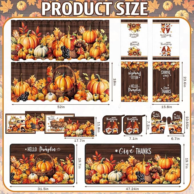 Fourluoo 16 Pcs Thanksgiving Kitchen Decor Set, Pumpkin Kitchen Towels and Dishcloths Give Thanks Non Slip Rugs Mats for Floor Oven Mitts and Pot Holders Curtains Set for Home Decoration