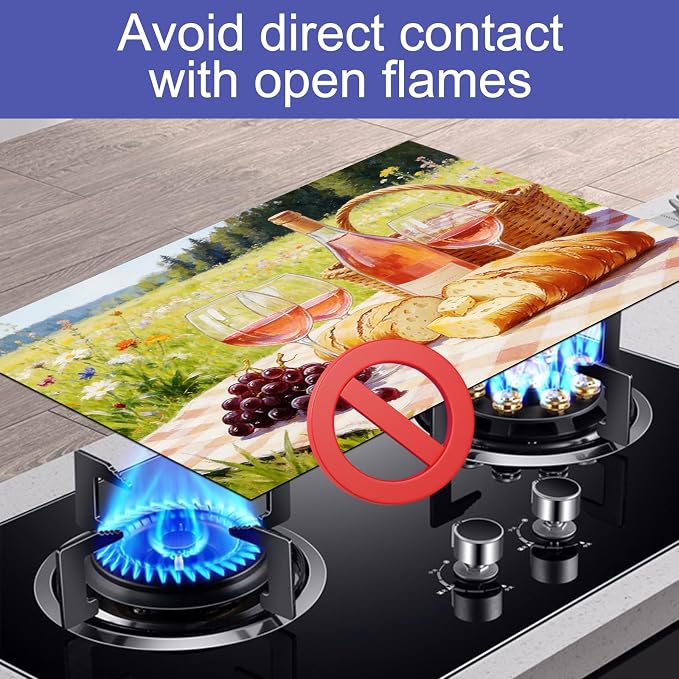 HOMETITUTE Spring Stove Top Covers for Electric Stove 28x20 Inches Picnic Wine Scene Heat Resistant Glass Cooktop Protector Pad Decorative Stovetop Cover for Kitchen Coffee Bar Decor