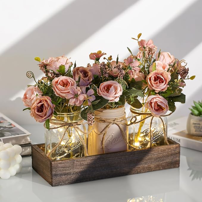 3 Pcs Mason Jar Centerpiece Table Decorations for Dining Table Decor Farmhouse Coffee Table Decor with Wood Tray and Led Light Table Centerpieces for Dining Room Kitchen Living Bathroom,Pink | Rustic Farmhouse Decor for Home Décor Accents Kitchen Count...