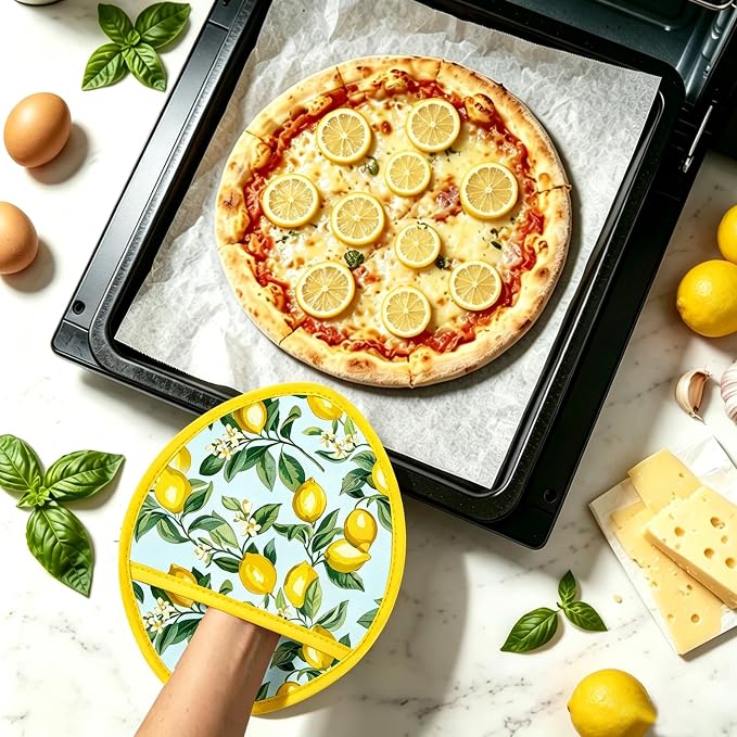 AnyDesign 2Pcs Lemon Floral Pot Holders Light Blue Lemon Shaped Heat Resistant Cotton Hot Pad Non-Slip Potholder Oven Mitt Trivet Mat for Summer Kitchen Cooking Baking, 7 x 9 Inch