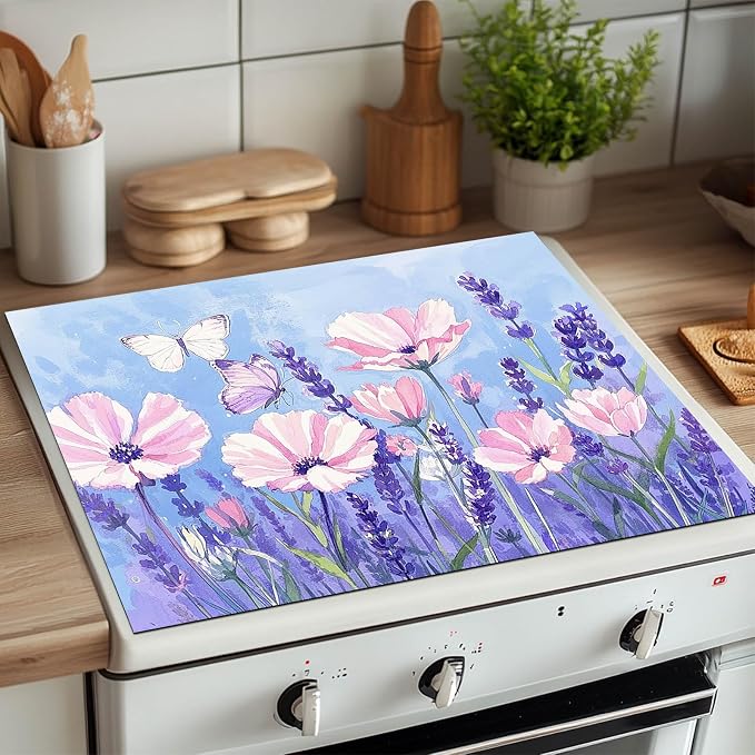 HOMETITUTE Stove Top Cover 28x20 Pink Floral Purple Garden Diatomite Mat