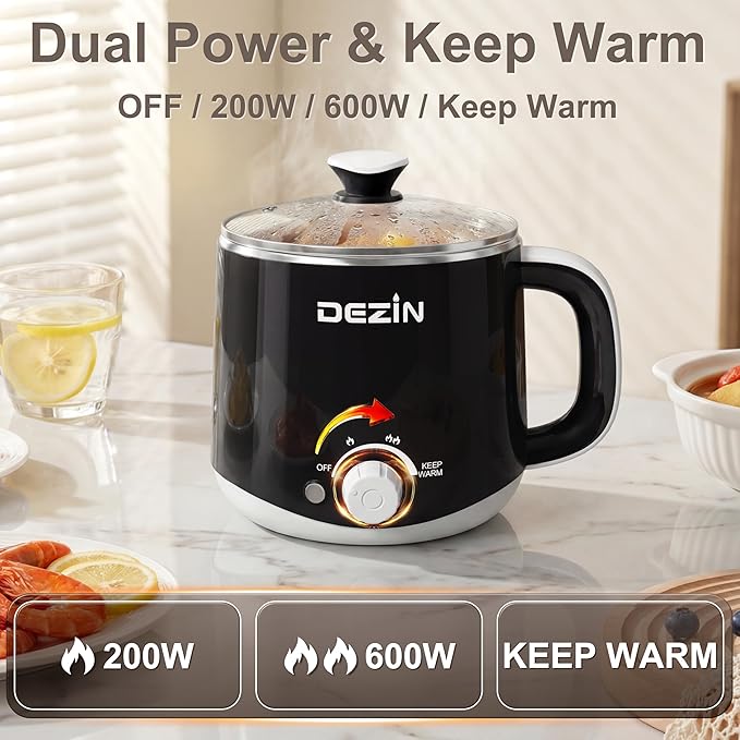 Dezin 1.6L Hot Pot Electric, Stainless Steel Electric Pot with Dual Power | Keep Warm, Noodles Cooker, for Egg, Pasta, Soup, Porridge & Oatmeal, Overheat & Boil-Dry Protection, Ideal for Dorm & Office
