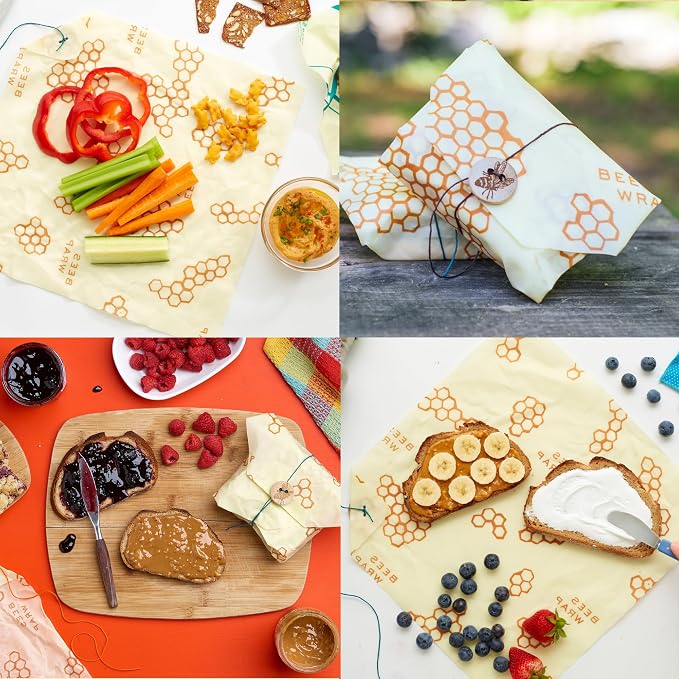 Bee's Wrap Beeswax Sandwich Wrap - Honeycomb | Button & Tie Closure - Plastic Free - Organic Beeswax Wraps - Reusable Lunch Wrap - Sandwiches & Snacks - Made in USA