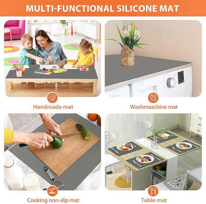 Silicone Mats for Kitchen Counter Heat Resistant Countertop Protector | 25'' X 17", Grey | Non-Slip Table Mat Desk Saver Pad, Non-Stick Reusable Pastry Mat, Silicone Placemat, Craft Mat