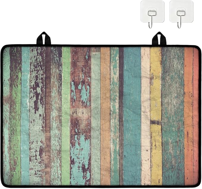 Wooden Stripe Stove Top Covers for Electric Stove, Vintage Colorful Wooden Plank Glass Stovetop Cover with Lanyard Rustic Wood Grain Countertop Protector Mat for Kitchen 28 x 20 Inch
