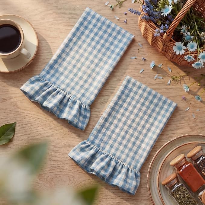 HunnmingRe 2 Pcs Dusty Blue Gingham Kitchen Towels Cotton Ruffle Dish Towel | 100% Cotton Dish Cloths, 18x28 Inch Tea Towels For Farmhouse Gifts, Soft Absorbent, Drying Dishes, Classic Plaid Pattern