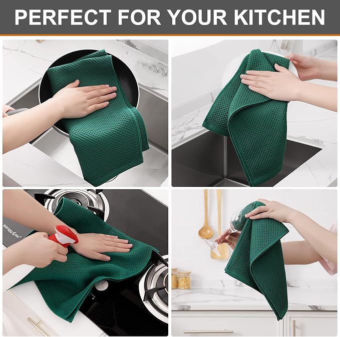 Kitinjoy 100% Cotton Waffle 8-Pack Kitchen Towels, 13" x 28", Dark Green | Super Soft, Ultra-Absorbent, Fast Drying, lightweight, Quick Drying Kitchen Hand Towels