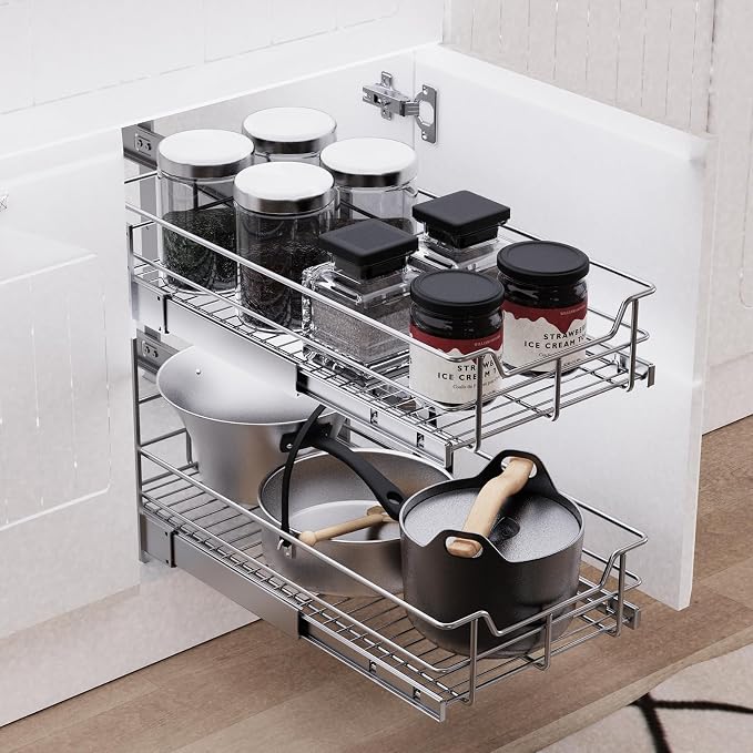 2 Tier Pull Out Cabinet Organizer 11" W X 22" D, Chromed, Full Slide Out | For Kitchen Organizers and Storage, Pull Out Drawers For Cabinets Capacity Heavy Duty Caddy, Cabinet Shelves, Bathroom Pantry