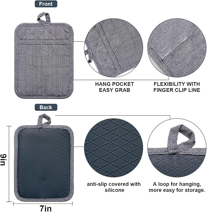 Pot Holders Yarn-Dyed Set of 3 Non Slip Silicone Kitchen Lines | Heat Resistant 500℉ Kitchen Gloves BBQ Cooking Baking Women Men Cooking Barbecue Microwave Machine Washable (Gray Potholders)