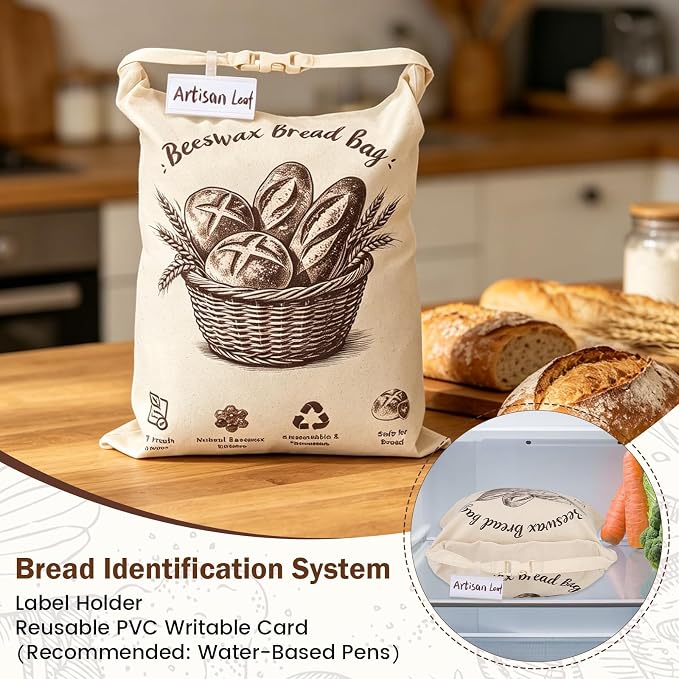 Beeswax Bread Bag with Loaf Label Holder & Reusable Writable Card | Included User Manual & Care Instructions,Waterproof Zipper Closure,Roll-Top Buckle Design,Sourdough Homemade Bread Storage
