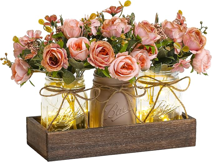 3 Pcs Mason Jar Centerpiece Table Decorations for Dining Table Decor Farmhouse Coffee Table Decor with Wood Tray and Led Light Table Centerpieces for Dining Room Kitchen Living Bathroom,Pink | Rustic Farmhouse Decor for Home Décor Accents Kitchen Count...