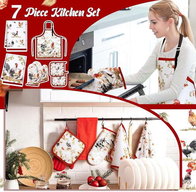 7 Pcs Rooster Kitchen Linen Set Includes Apron 2 Towels Oven Mitt 2 Pot Holders Country Farmhouse Kitchen Decor Gift