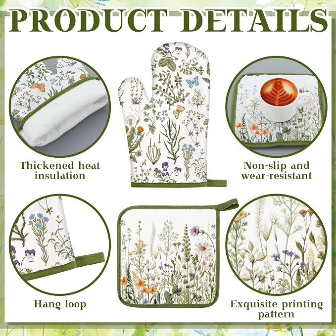 Fourluoo 10 Pcs Wildflower Kitchen Decor Set Grass Dish Towels Kitchen Rugs Oven Mitts and Pot Holders for Cooking Baking Grilling Women Mom Gift