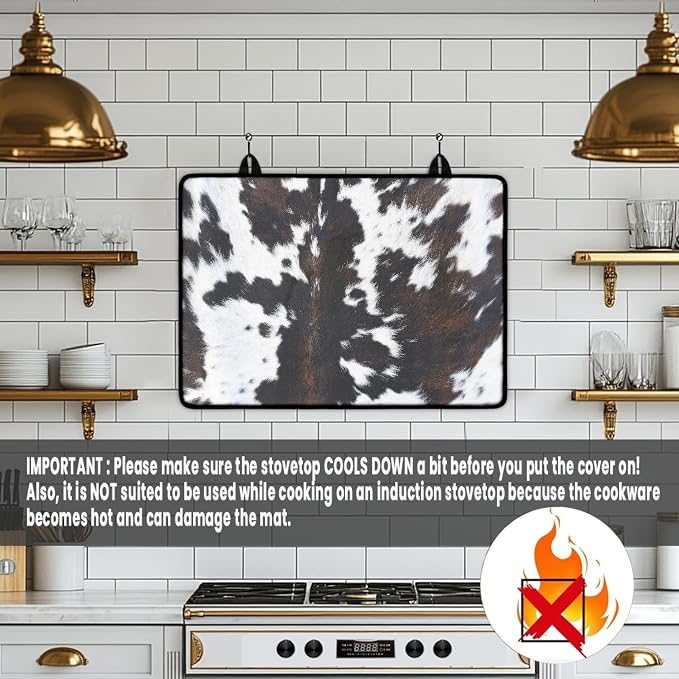 Cow Print Stove Top Covers for Electric Stove Animal fur Black Brown White Classic Glass Top Gas Stove Pad Heat Resistant Range Cooktop Mat for Kitchen 28"x20"