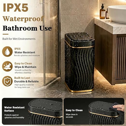 2.6 Gallon Automatic Bathroom Trash Can with Touchless Lid, Black Gold | Motion Sensor Trash Can with Slim Waterproof Body; Small Plastic Garbage Can, hands-free lid for Bedroom, office, and kitchen
