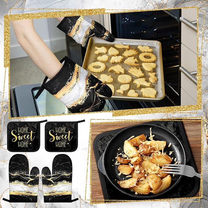 Bencailor 6 Pcs Marble Kitchen Decor Gold Pot Holders Oven Mitts 2 Dish Towels 2 Farmhouse Cooking Mittens Oven Glove and Potholder for Baking Cooking Grilling Supply Accessories(Black)