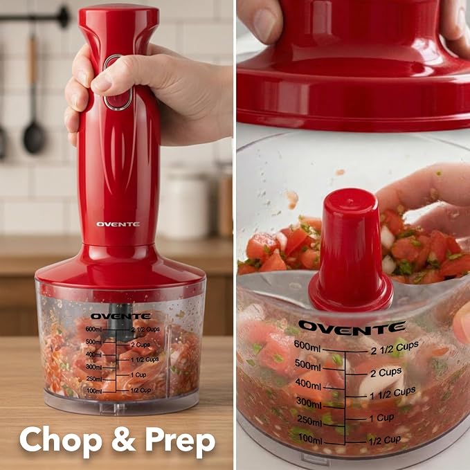 OVENTE Electric Hand Blender Set with 2 Mixing Speeds, 300W Red HS565R | Corded Immersion Handheld Stick Mixer with Stainless Steel Blades, Egg Whisk, Beaker & BPA-Free Food Chopper