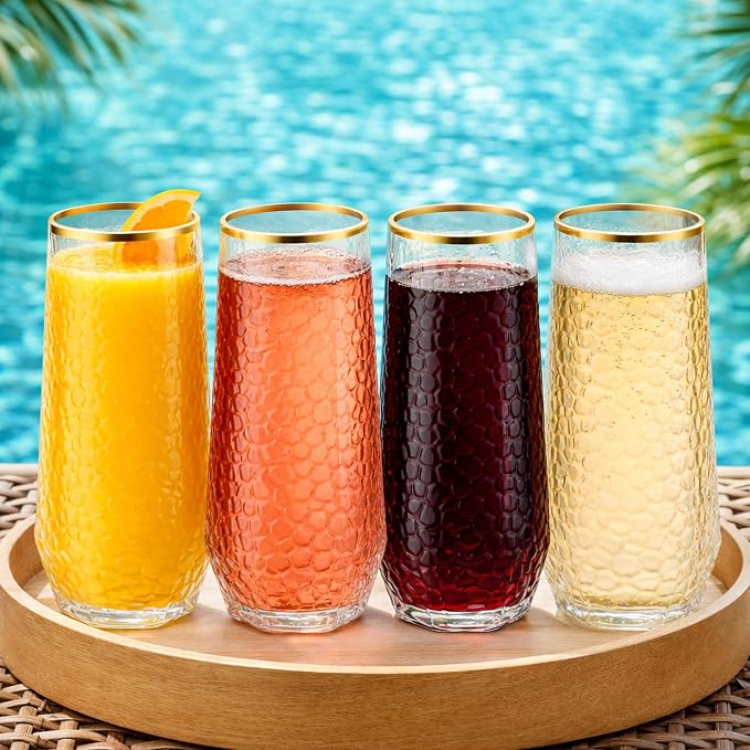Oojami 48 Pack Plastic Champagne Flutes Stemless 9oz & 12oz Gold Rim Ribbed | Disposable Champagne Glasses, Mimosa Cups, Heavy Duty BPA-Free Shatterproof Recyclable, Wedding Birthday Cocktail Party