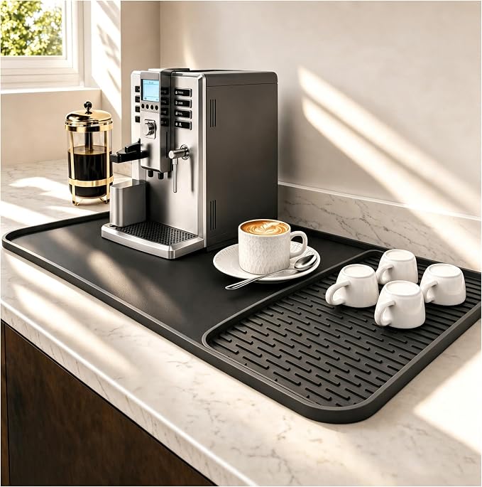Caketime 2 In 1 Silicone Coffee Bar Mat Accessories for Ninja Coffee Maker with Detachable Dish Drying Rug Kitchen Counter Under Sink Drainer Appliances Dorm Room Decor 16"x24" Extra Large Black