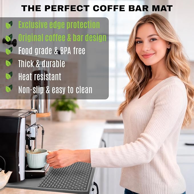 Bar & Coffee Mat For Countertop With "Edge Protection" – Espresso Tamping Mat – Bar Mats for Countertop & Silicone Heat Resistant Mat – Non-Slip & BPA-Free Food Grade – 16"(Front) x 24"(Length), Gray