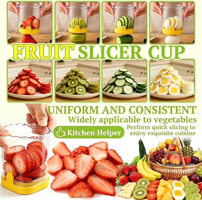 Hendiy Strawberry Slicer with Stainless Steel Blades | Egg & Fruit Slicer Cup for Banana, Cucumber, Mushroom | ABS Detachable Kitchen Gadget - Precision Berry Cutter Tool (Yellow, 1-Pack)