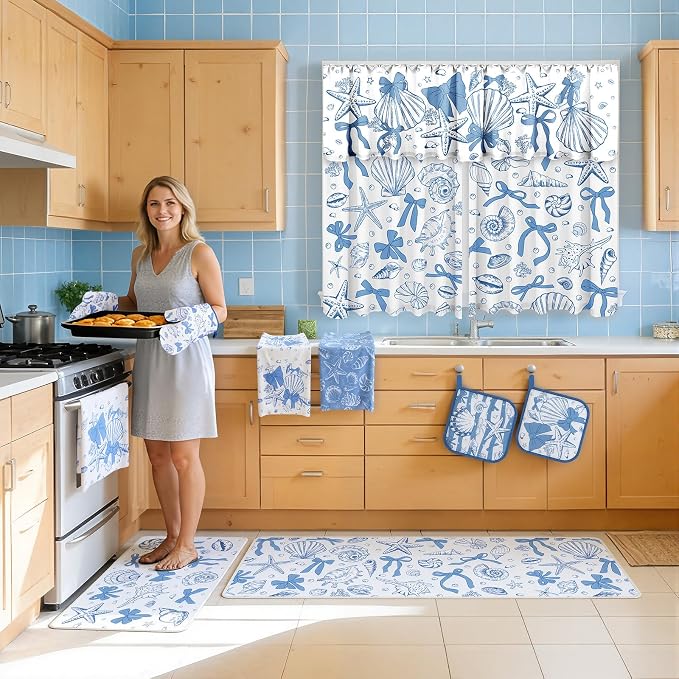 13 Pcs Beach Kitchen Decor Set 3 Seashell Kitchen Curtains Valance 2 Blue Bow Rugs and Mats 4 Coastal Hand Towels 2 Pot Holders 2 Oven Mitts for Summer Home Decor Cooking Grilling Housewarming Gift
