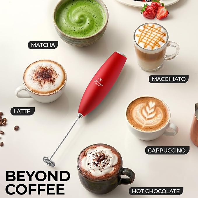 Zulay Powerful Milk Frother for Coffee with Upgraded Titanium Motor - Handheld Electric Whisk, Milk Foamer, Mini Mixer & Coffee Blender for Frappe, Latte, Matcha, No Stand - Fire Red