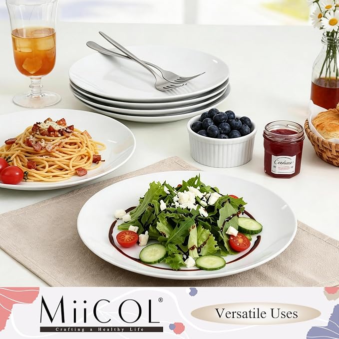 Miicol Ceramic Dinner Plates Set of 6, White Dessert Plates 9 Inch, Modern Round Porcelain Dishes for Steak, Pasta, Salad, Fruit, Microwave & Dishwasher Safe, Stackable
