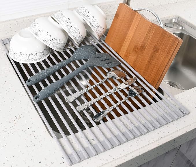 20.5 x 13.1 Inch Roll-Up Dish Drying Rack, Fits Across Sink Openings up to 19.5 Inches, Heavy-Duty Premium Silicone, Strong Support, Non-Slip, Heat-Resistant, Warm Gray