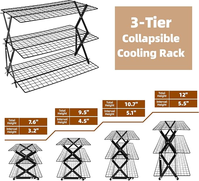 3 Tier Collapsible Cooling Rack Sourdough Cooling Rack 17"x10" | Cooling Racks for Cooking and Baking, Roasting, Grilling, Adjustable 6 Setting Design stackable, Oven & Dishwasher Safe