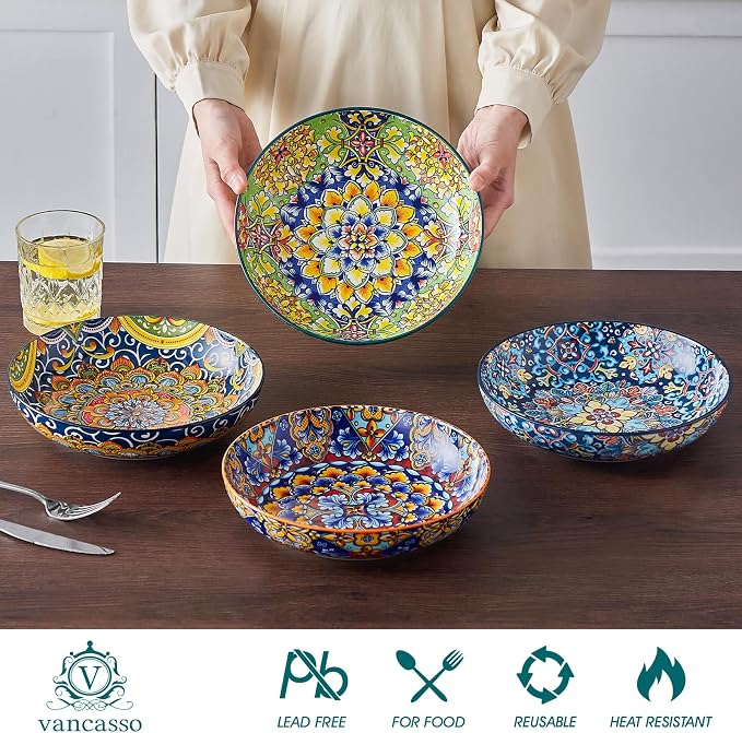 vancasso Pasta Bowls Set of 4, 42oz Ceramic Serving Bowls,Boho Pasta Plates | Large Shallow Bowls for Pasta, Salad, Soup, 42 oz Colorful Bowl Plates, Microwave and Dishwasher Safe Dinner Bowls