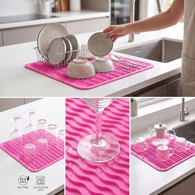 MicoYang Silicone Dish Drying Mat for Multiple Usage,Easy clean,Eco-friendly,Heat-resistant Silicone Mat for Kitchen Counter or Sink,Refrigerator or Drawer liner Rose M 12 inches x 12 inches