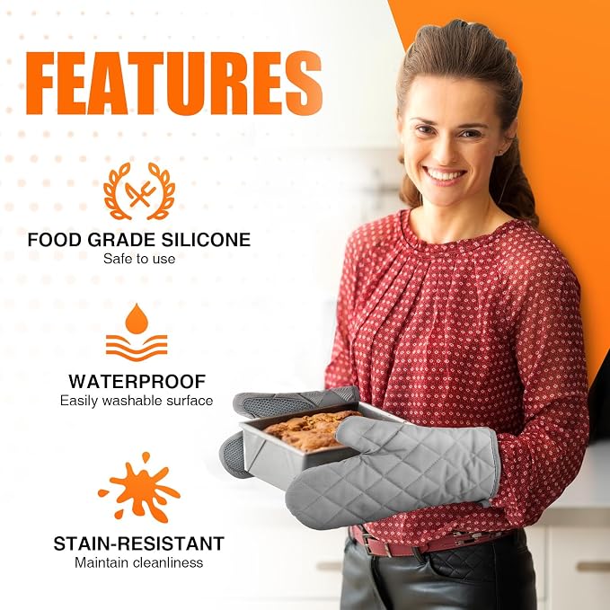 Silicone Oven Mitts, Heat Resistant 2PCS Oven Mitts with Soft Cotton Lining, Waterproof Non-Slip Grip Oven Glove, Kitchen Potholder Mits for BBQ, Baking, Cooking, 10.5Inch - Dark Grey