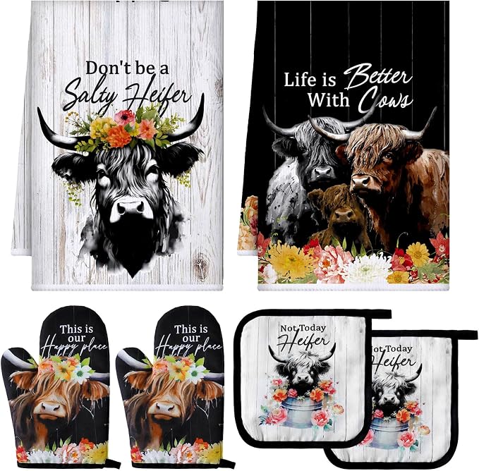 Bencailor 6 Pcs Cattle Kitchen Towels Oven Mitts and Pot Holders Set Decorative Dish Towels Tea Washcloth Non Slip Heat Resistant Oven Gloves for Summer Home Cooking Baking, Retro Color