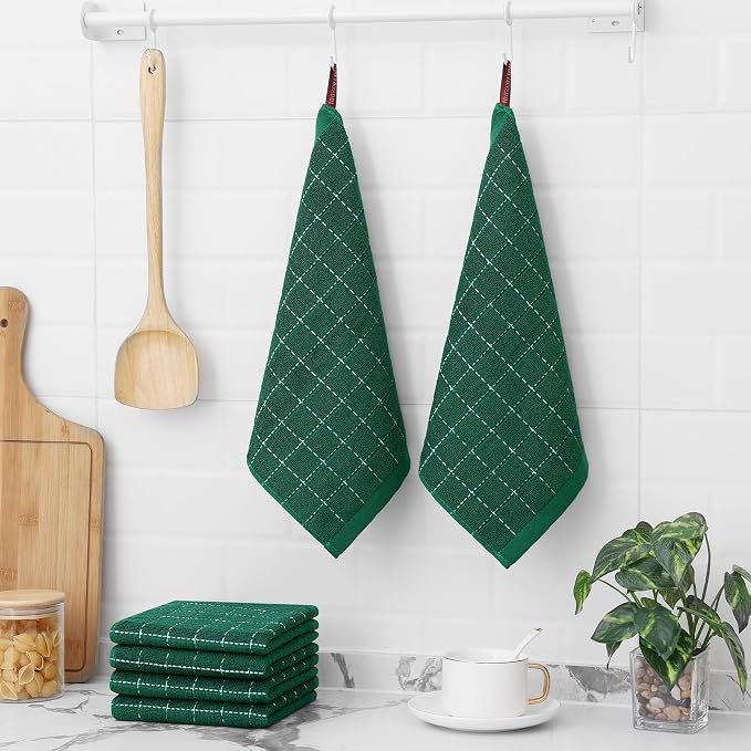 Homaxy 100% Cotton Terry Kitchen Dish Cloths, 12 Pack, Dark Green | Ultra Soft and Absorbent, Suitable for Drying and Washing Dishes