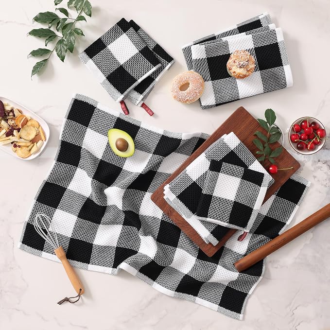 Homaxy Kitchen Towels and Dishcloths Set, Set of 8, White & Black | Bulk Cotton Waffle Weave Check Plaid Kitchen Towels, Super Soft and Absorbent Dish Cloths, 12 x 12 and 20 x 28 Inches