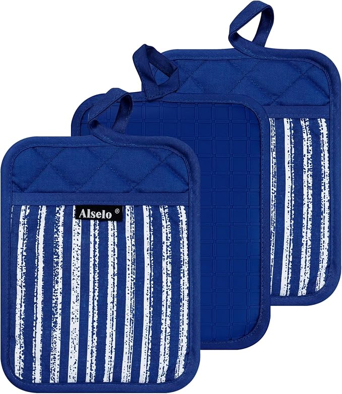 Alselo Silicone Pot Holders Set of 3 Heat Resistant & Non Slip Potholders | Professional Oven Hot Pads with Pockets Mitts for Kitchen Cooking Baking Barbecue (Cobait Blue, 3)