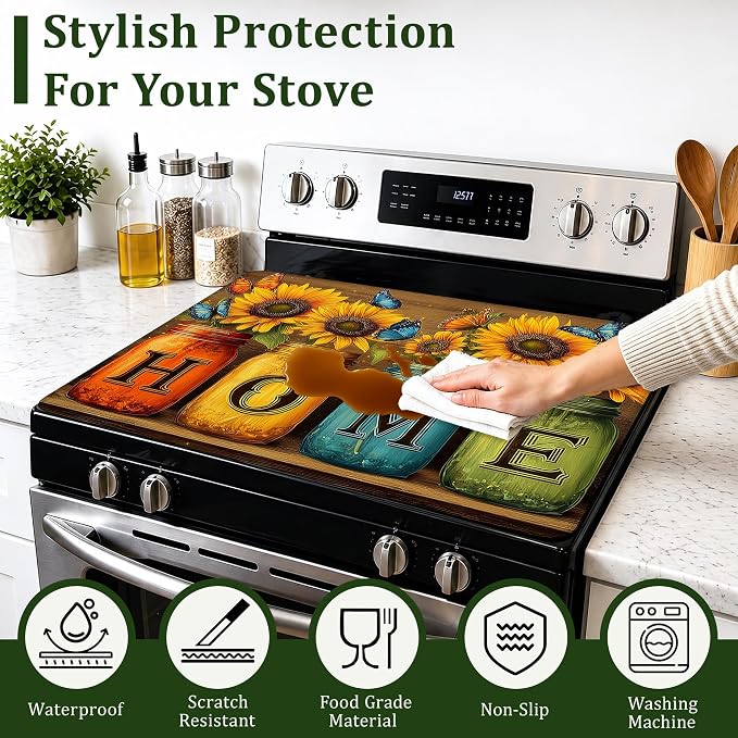 Stove Top Cover Sunflower Mason Jar 28.5x20.5Inch for Electric Stove,Heat Resistant Silicone Cooktop Protector,Glass Stove Cover Mat, Anti Scratch Countertop Protector