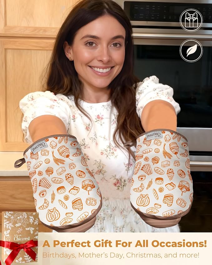 100% Thick Cotton Mini Oven Mitts with Silicone Grip Bakery Bread | Girly Cute Oven Mitts for Women, Machine Washable, Non-Slip, Reversible Design Fits Both Hands, Stylish Kitchen Decor
