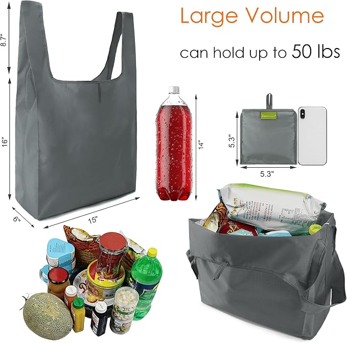 BeeGreen Grey Reusable Shopping Bags Wholesale Gray Reusable Grocery Bags Bulk Foldable-Machine Washable with Zipper Storage Pouch 20 Pieces