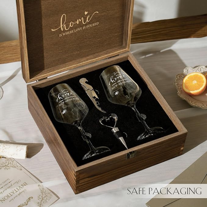 AW BRIDAL House Warming Gifts New Home Wine Glasses with Wood Keepsake Box | 2026 Closing Gift for Home Buyers and Homeowner, New Apartment Gift Basket for Couple, First House Present for Newlyweds