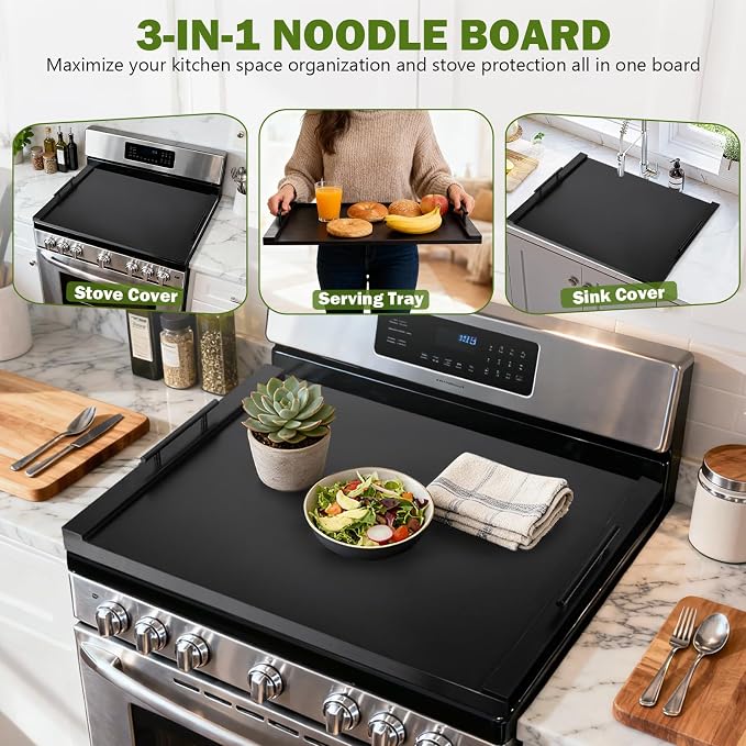 Noodle Board Stove Cover with Handles, Ultra Thick Wood Stove Top Cover Board for Electric/Gas Stove, Counter Space Top Covers Used As Sink Covers & Decorative Tray for Kitchen (Black)