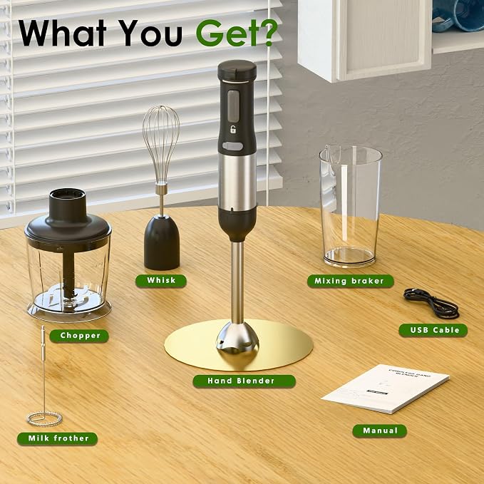5-in-1 Cordless Immersion Blender with Rechargeable Handheld Battery | Variable-speed 2000mAh Battery，BPA-free&Dishwasher-safe, with Beaker, Chopper, Whisk & Frother for Kitchen, Black