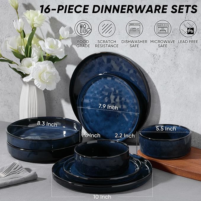 E-far Stoneware Dinnerware Set, 16-Piece Plates and Bowls Sets for 4 | Modern Dishes for Kitchen Dining, Reactive Glazing Ripple Design, Chip Resistant, Microwave & Dishwasher Safe, Starry Blue