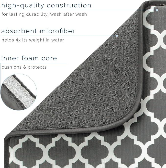 S&T INC. Dish Drying Mat, 18" x 24", XL, Grey Trellis | Absorbent Microfiber, Extra Large Kitchen Counter Mat for Dishes, Utensils, Pots and Pans, Machine Washable
