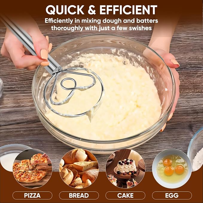 Maxjoy Danish Dough Whisk Stainless Steel for Sourdough Bread | Dutch Dough Hook, Replaces Dough Mixer Spoon & Stick, Food Grade & Rust Resistant, Easy Clean & Dishwasher Safe, Baking Tool