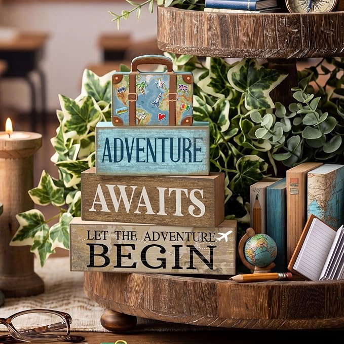 Lineshading Pcs Travel Party Decoration Vintage Adventure Await Table Decor | Stackable Rustic Decor, Bon Voyage Party Centerpiece, Luggage Design, Tiered Tray Decorations, Travel Retirement Gift