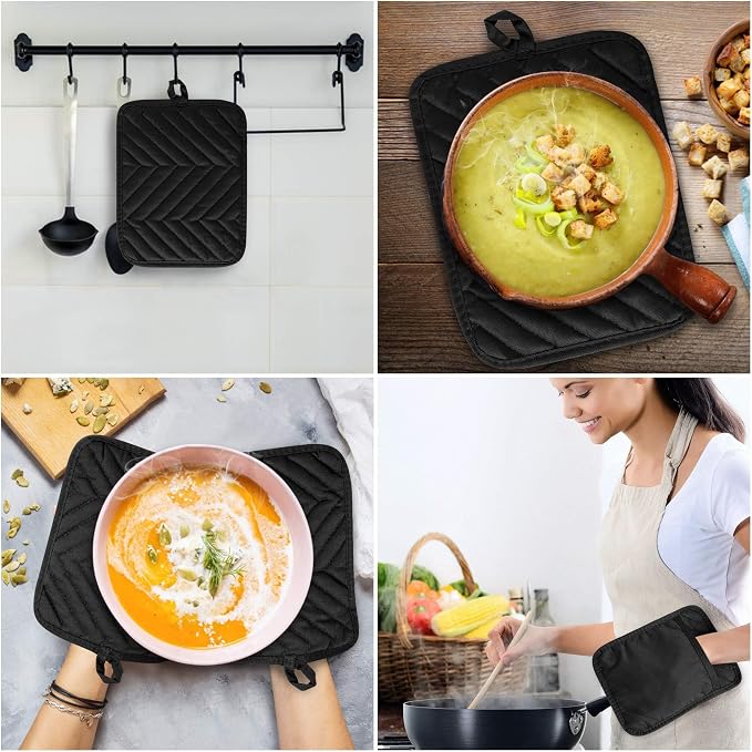 R HORSE 6Pcs Black Pot Holders with Pocket for Kitchen, 7''x 9'' | Cotton Potholders, Heat Resistant Oven Mitts, Non-slip Terry Cloth Trivet, Ideal for Baking Cooking, Machine Wash