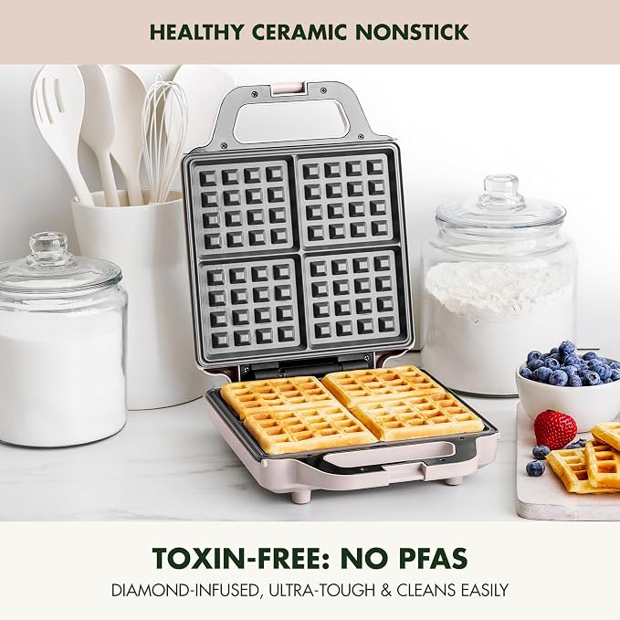 GreenPan Advanced Waffle Maker, 4-Square Belgian & Classic Waffle Maker, PFAS-Free Ceramic Nonstick, Dishwasher Safe Plate, Cool-Touch Handle, Overheat Protection, Easy Clean, Clay